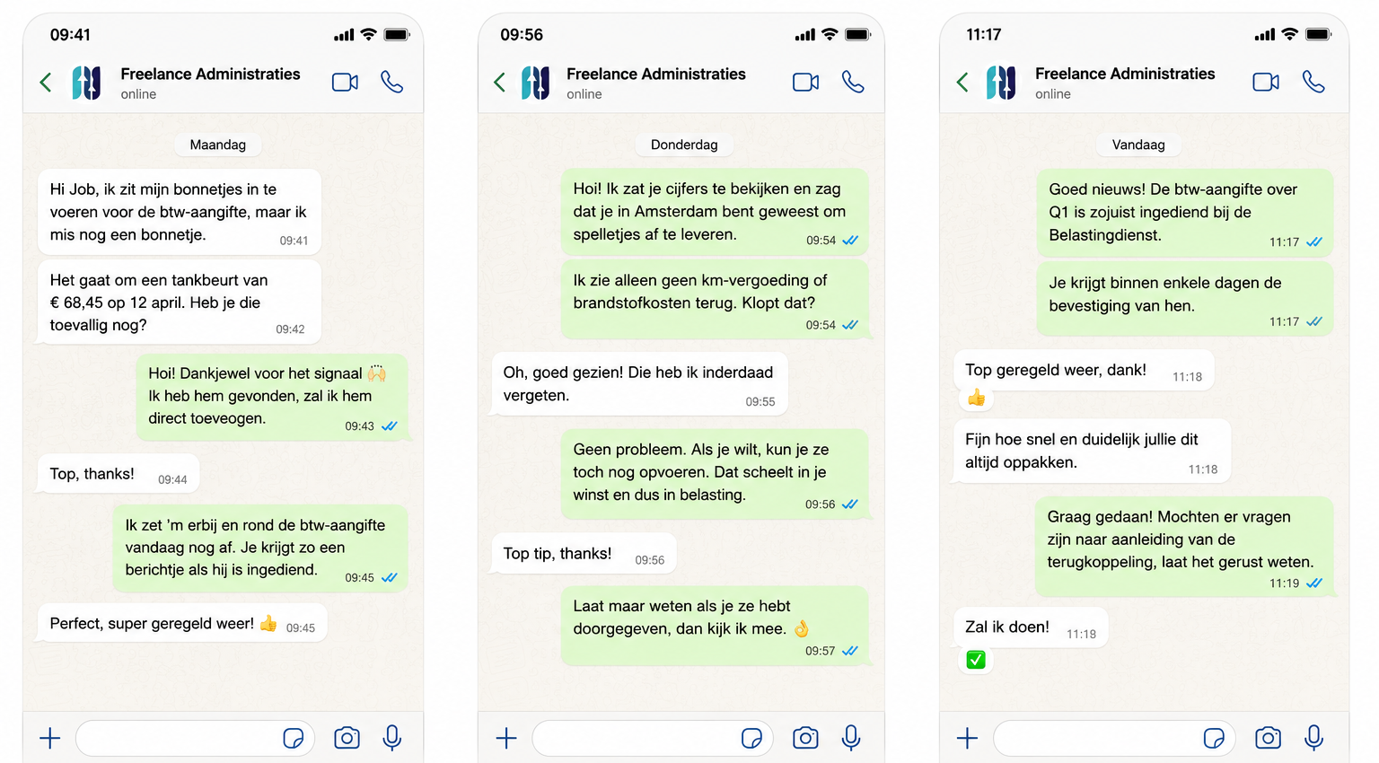 Voorbeelden van WhatsApp-gesprekken tussen Freelance Administraties en klanten